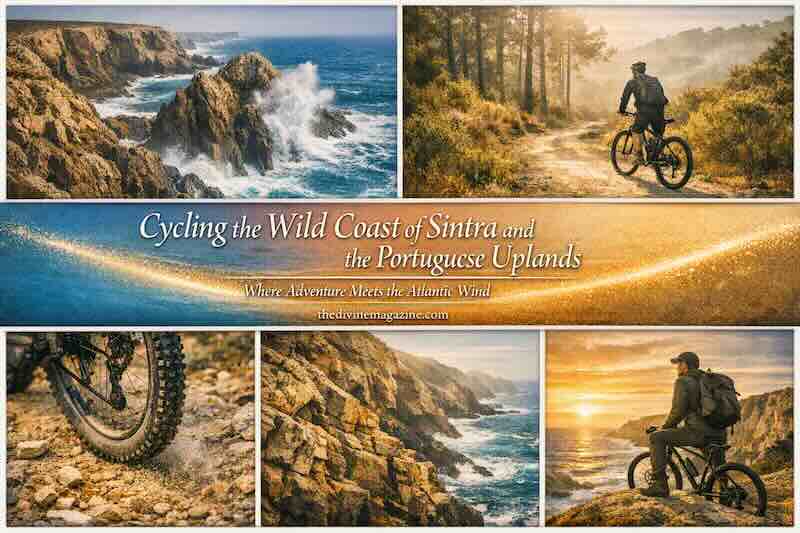 Cyclist riding along rugged trails in Sintra's lush landscape and coastal cliffs.